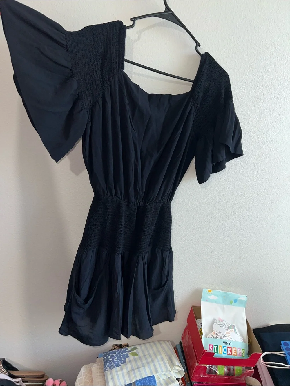 Free People Navy Blue Smocked-Waist Puff Sleeve Mini Dress